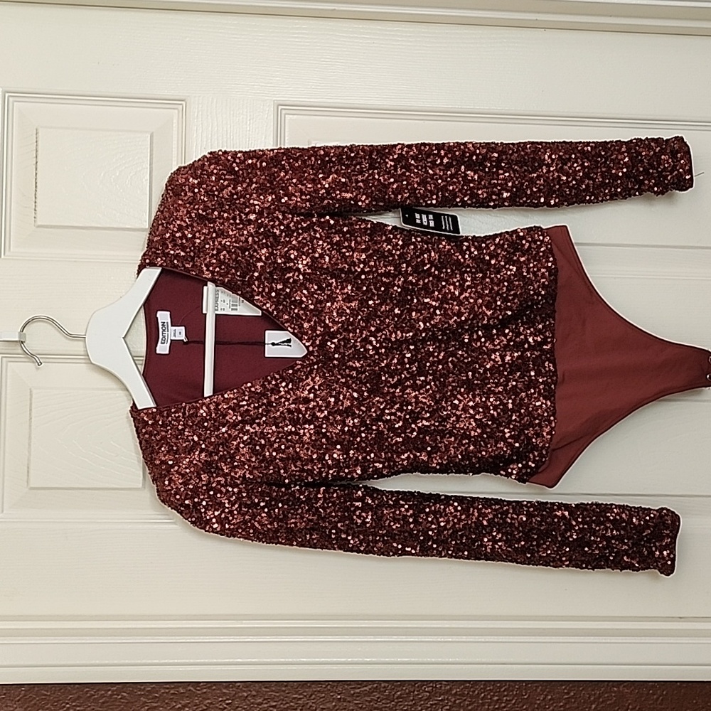Express XS Burgundy Sequin Deep V Neck Bodysuit